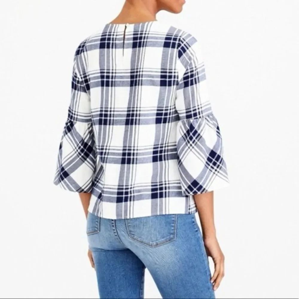 J. Crew Mercantile Bell Sleeve Plaid Top Cotton Navy White 10